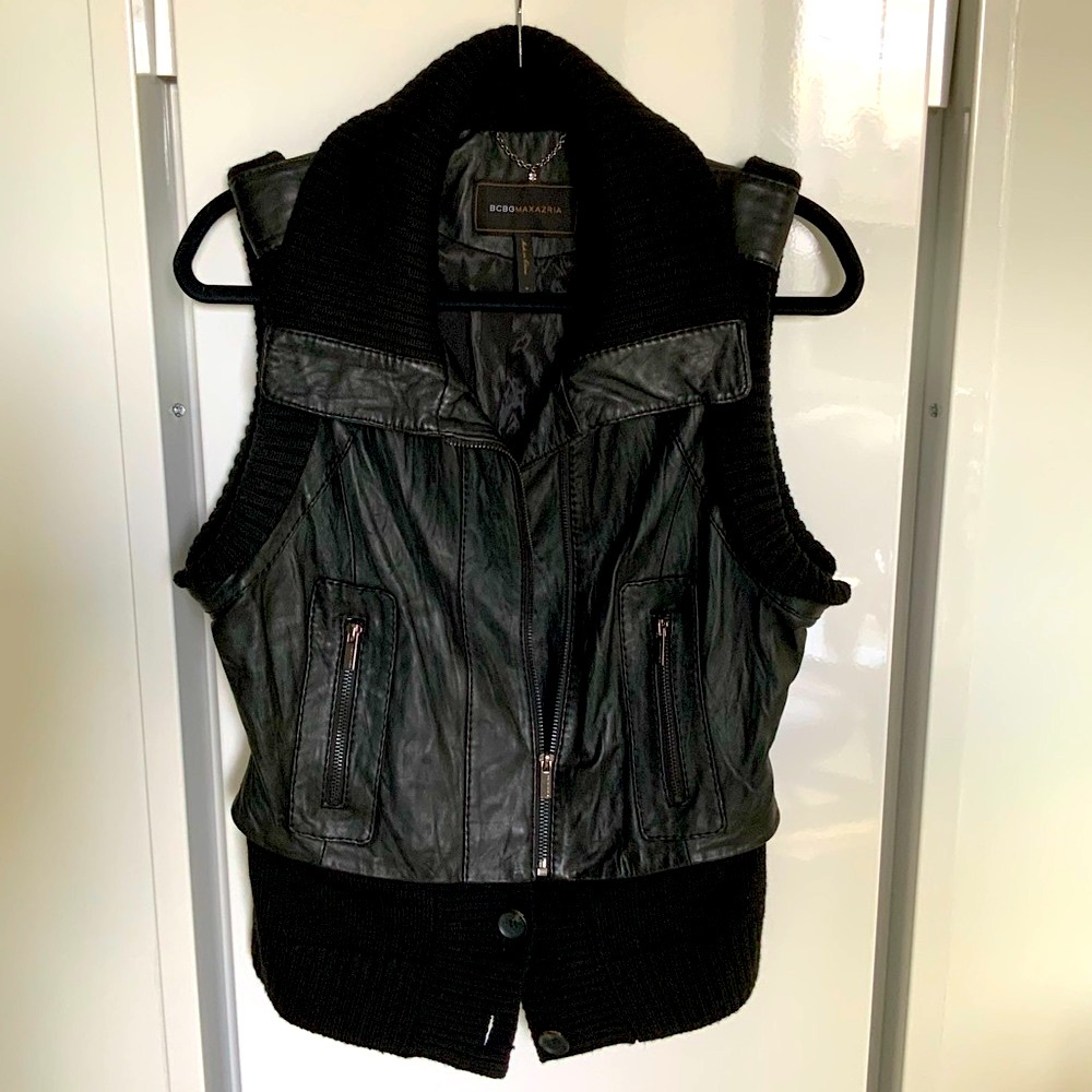 BCBG Black leather moto zipper vest